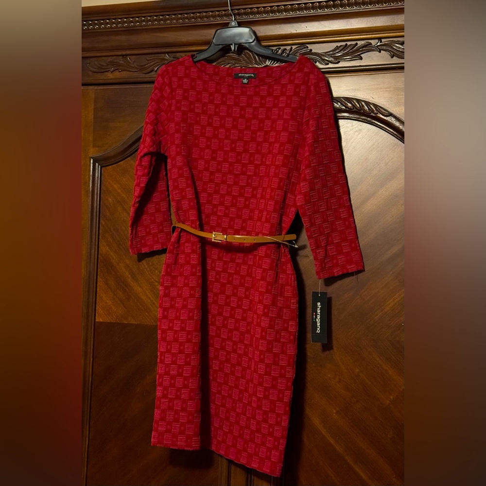 Sharagano Textured Red Long Sleeve Dress with Belt